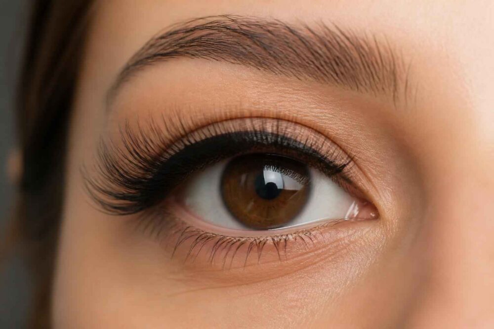 Zbliżenie brązowego oka z gęstymi rzęsami, eyelinerem i naturalnie podkreśloną brwią