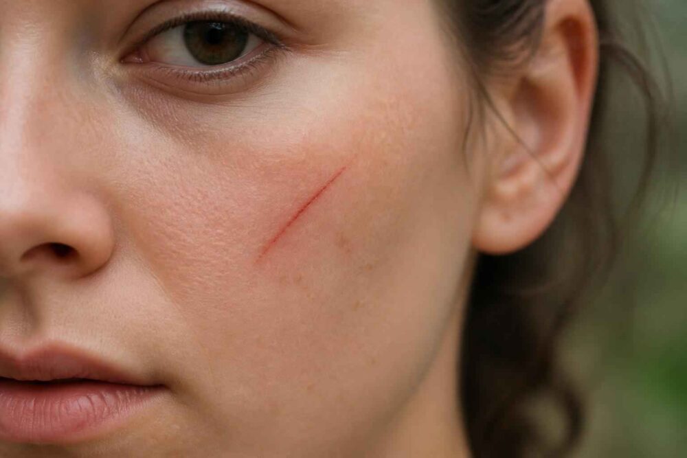 Zbliżenie twarzy kobiety z czerwoną rysą na policzku
