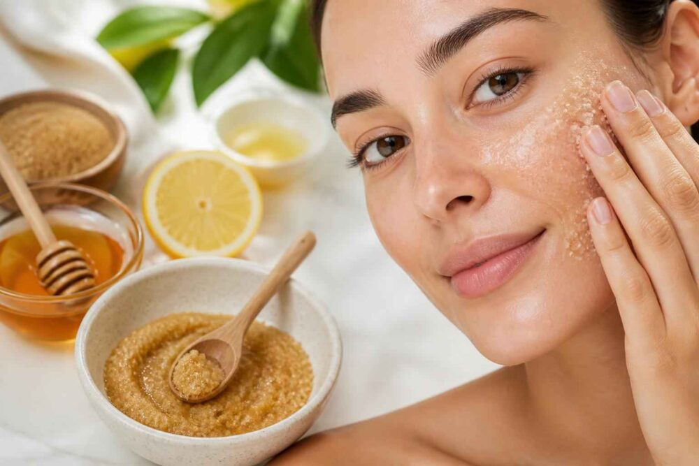 Kobieta nakłada na twarz naturalny peeling z miodu i cukru, obok cytryna, miód i miseczka kosmetyku