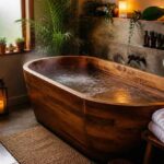 Drewniana wanna z parującą wodą, ręcznikami i roślinami w przytulnej łazience spa