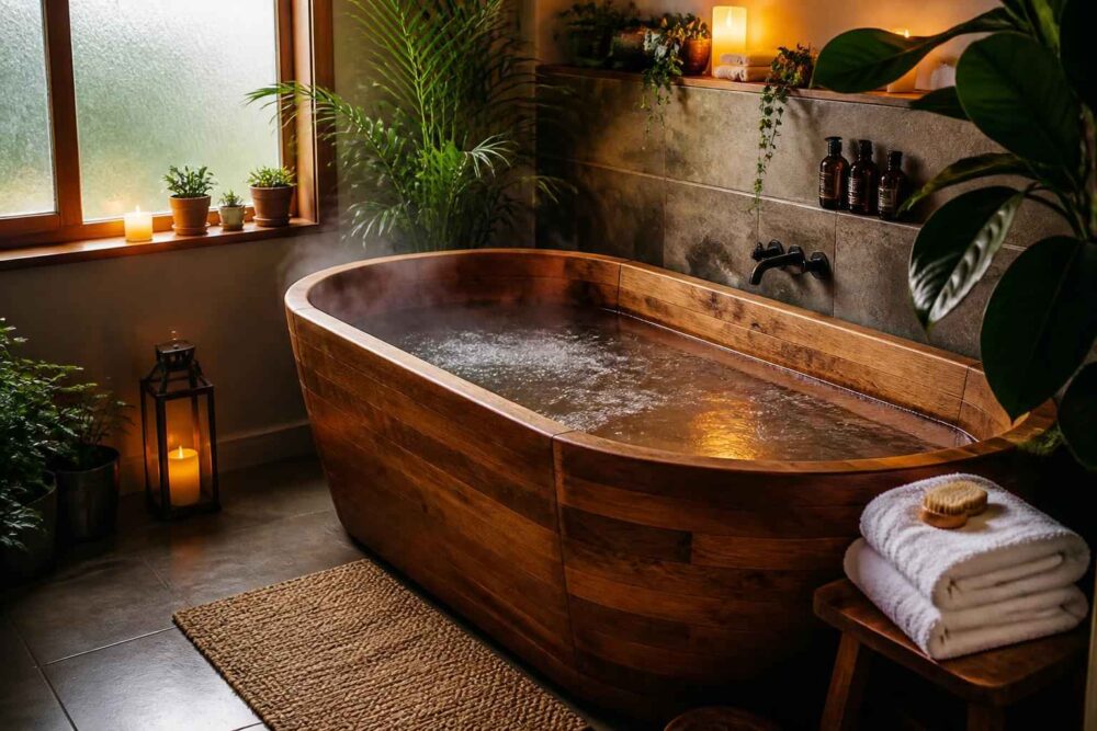 Drewniana wanna z parującą wodą, ręcznikami i roślinami w przytulnej łazience spa