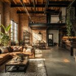 Przestronny loft z ceglaną ścianą, skórzaną sofą, antresolą i dużymi oknami