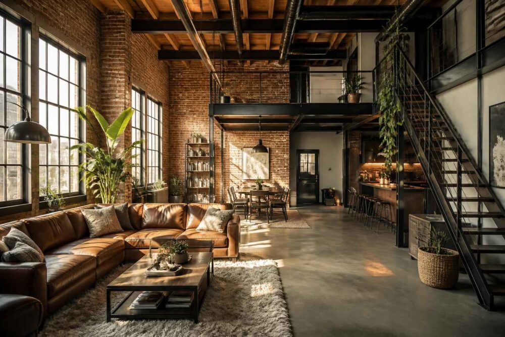 Przestronny loft z ceglaną ścianą, skórzaną sofą, antresolą i dużymi oknami