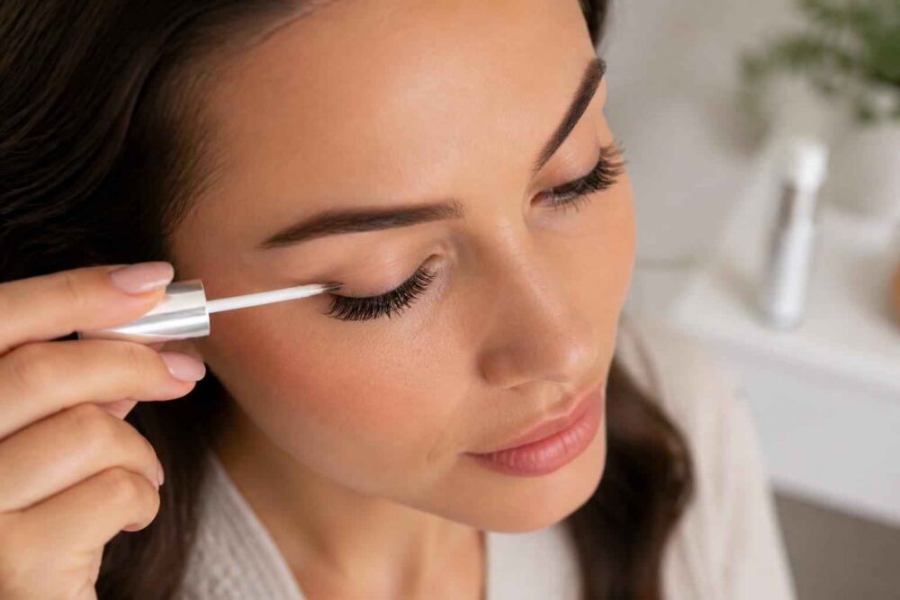 Kobieta aplikuje serum na rzęsy za pomocą szczoteczki dołączonej do kosmetyku