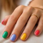 Dłoń z wielokolorowym manicurem i delikatnym złotym pierścionkiem na palcu serdecznym