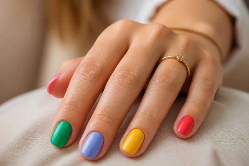 Dłoń z wielokolorowym manicurem i delikatnym złotym pierścionkiem na palcu serdecznym
