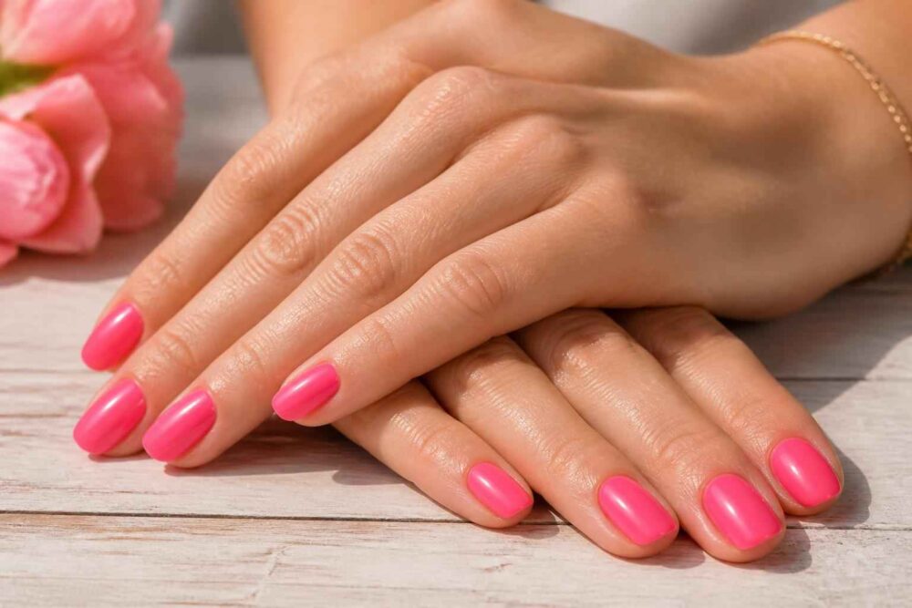 Dłonie z różowym manicure hybrydowym ułożone na drewnianym blacie obok różowych kwiatów