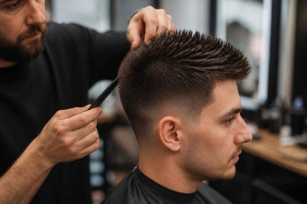 Męska fryzura z teksturą Stylista modeluje krótkie męskie włosy grzebieniem podczas wizyty w salonie fryzjerskim