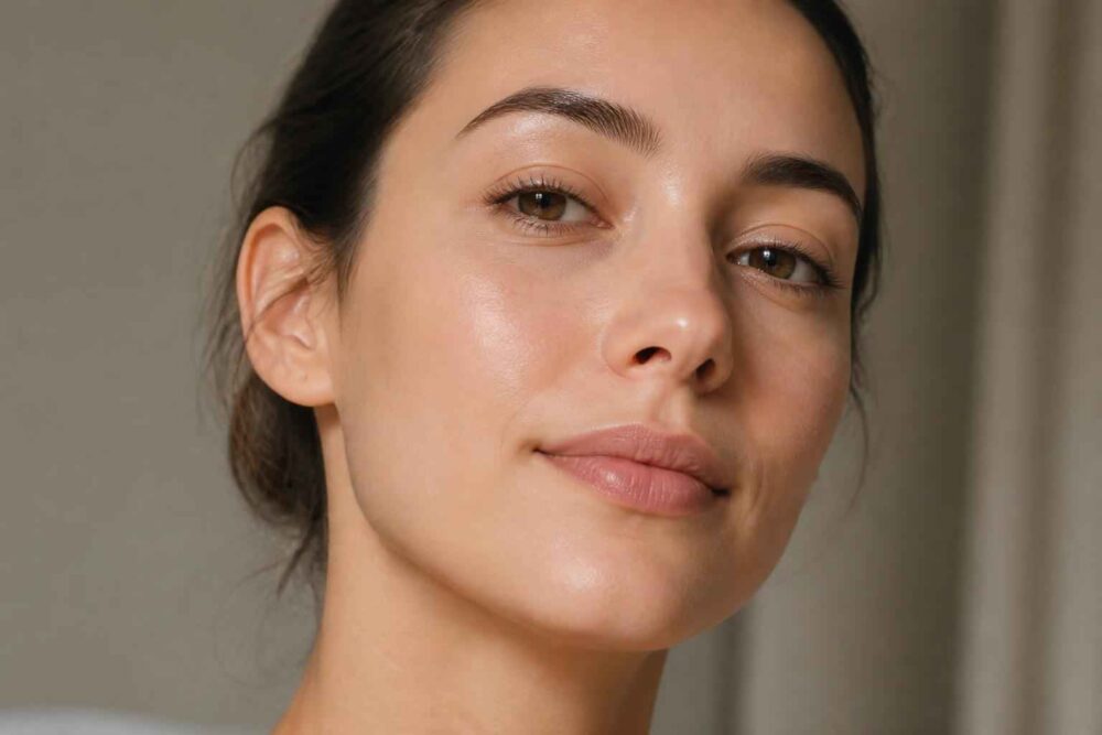 Portret kobiety z naturalnym makijażem Kobieta o ciemnych włosach i promiennej cerze na neutralnym tle