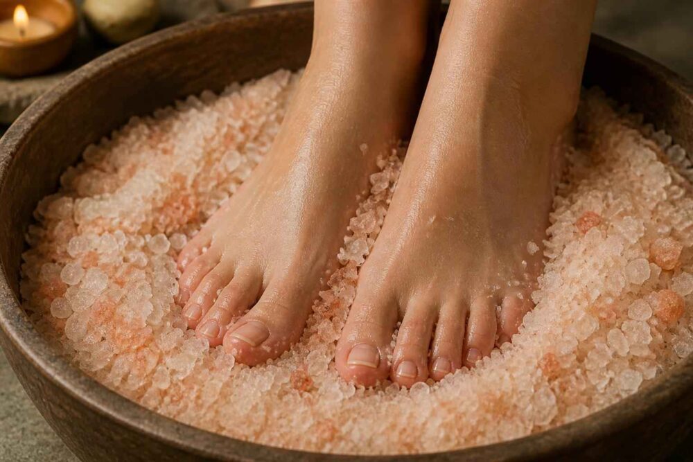 Stopy zanurzone w misce z różową solą do kąpieli podczas domowego spa