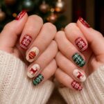 Dłonie w kremowych swetrach z czerwono-zielonym świątecznym manicure na tle choinki i kominka