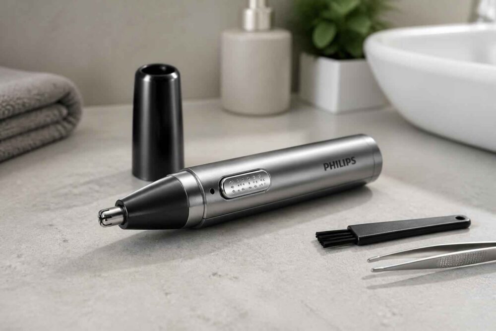 Srebrny trymer Philips do nosa i uszu leżący na łazienkowym blacie obok szczoteczki i pęsety