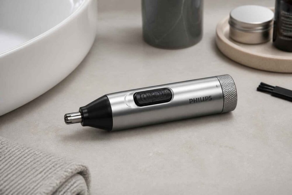 Trymer Philips do nosa na łazienkowym blacie Srebrny trymer Philips do nosa leżący obok umywalki, kosmetyków i ręcznika