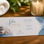 Voucher do spa z kamieniami i kwiatem, obok świec, ręczników i miseczki soli do kąpieli
