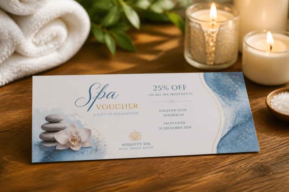 Voucher do spa z kamieniami i kwiatem, obok świec, ręczników i miseczki soli do kąpieli