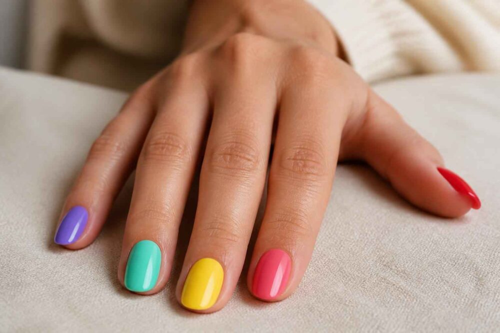 Dłoń z kolorowym manicure w odcieniach fioletu, turkusu, żółci i różu oparta na jasnej tkaninie